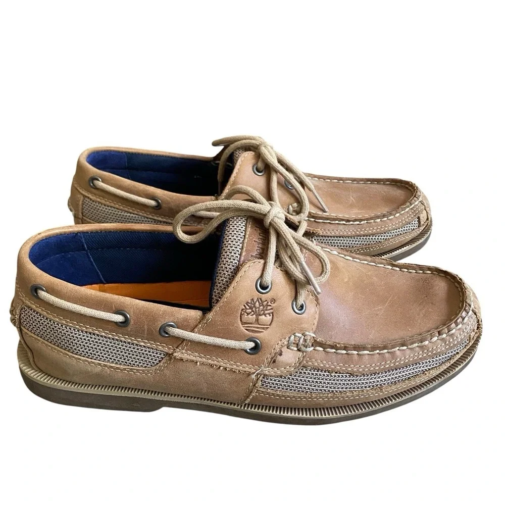 Timberland Kiawah Boat Shoe Men Size 9.5M EU 42.5 Tan Leather Textile Preppy
